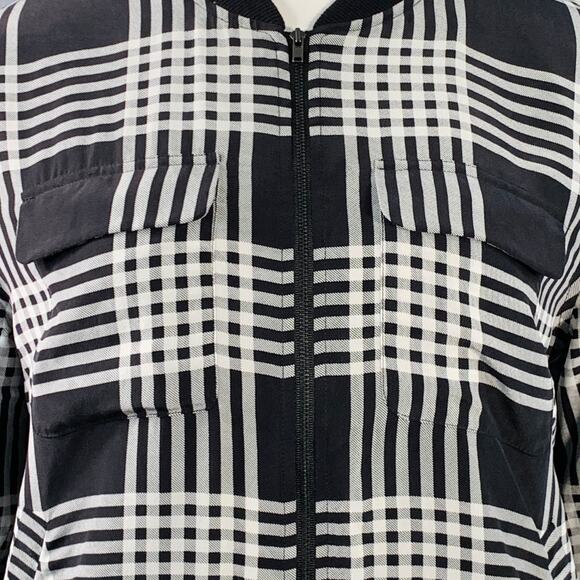 EQUIPMENT Size L Black White Silk Plaid Zip Up Bomber Jacket - Picture 2 of 8